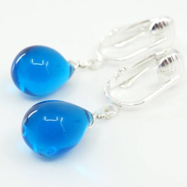 Peacock Blue Glass Drop Clip-on Earrings, Silver Ear Clips for Non Pierced Ears, Smooth Glass Teardrops, Azure