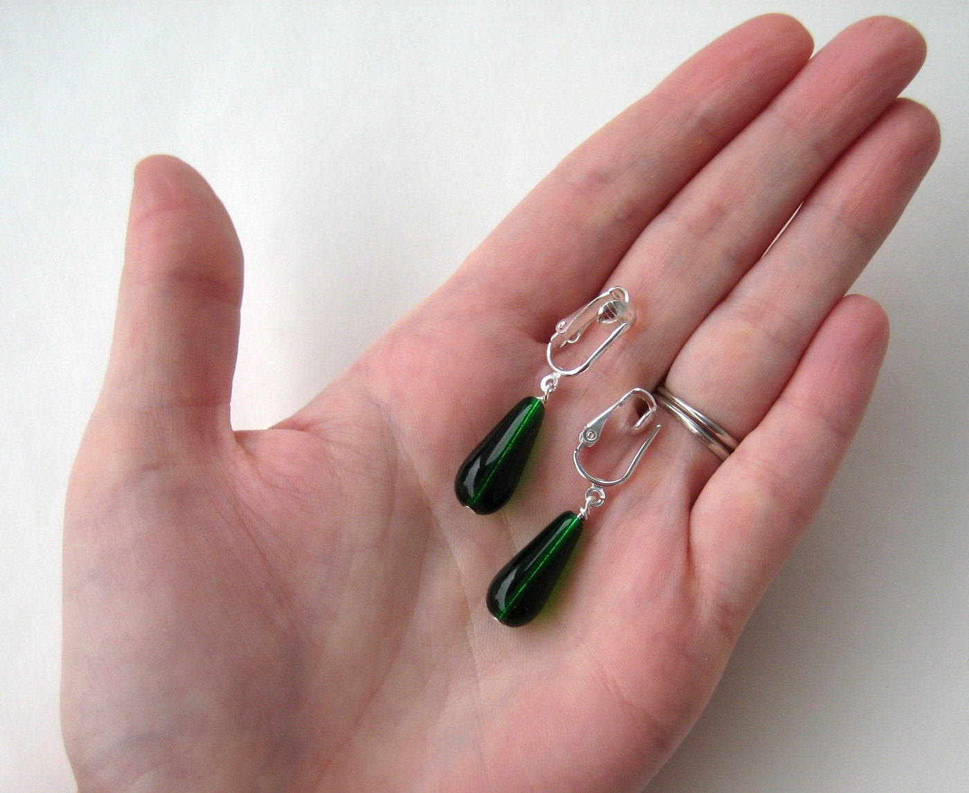 Emerald Green Drop Clip Earrings Forest Green Glass Teardrop Etsy