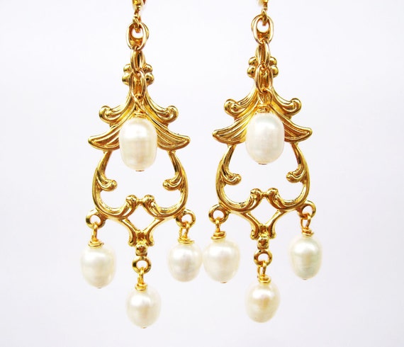 Earrings gold filigree chandelier and pearl choose color and clip on or pierced 