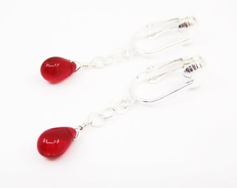 Bright Red Teardrop Clip On Earrings, Candy Apple Red Drop Clipons, Silver Ear Clip, Glass Dangle Earrings for Non Pierced Ears, Dainty Red