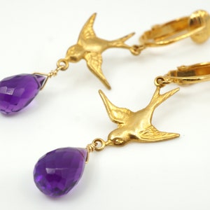 Purple Quartz Bird Clip-on Earrings: Golden Swallow Dangle Earrings, Sandra
