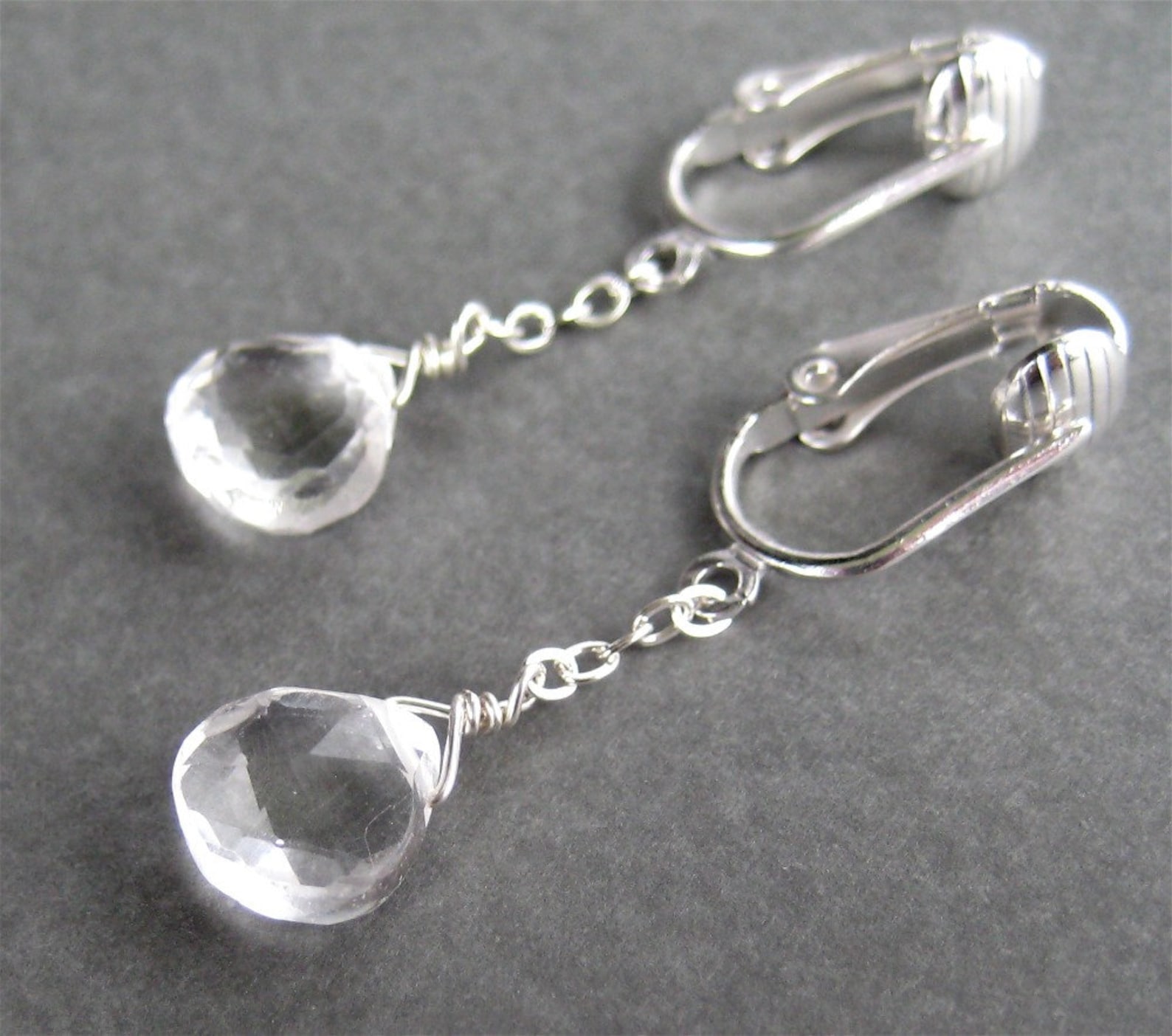 Clear Quartz Clip on Earrings Silver Dangle Clipons Clear Etsy