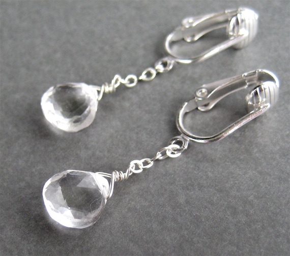 Clear Quartz Clip on Earrings, Silver Dangle Clipons, Clear