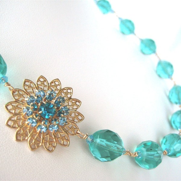 Teal and Gold Filigree Necklace, Handmade, Largo