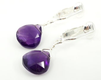 Small Purple Amethyst Teardrop Clipon Earrings, Silver Ear Clips for Non Pierced Ears, Gemstone Clip On, Allison Silver