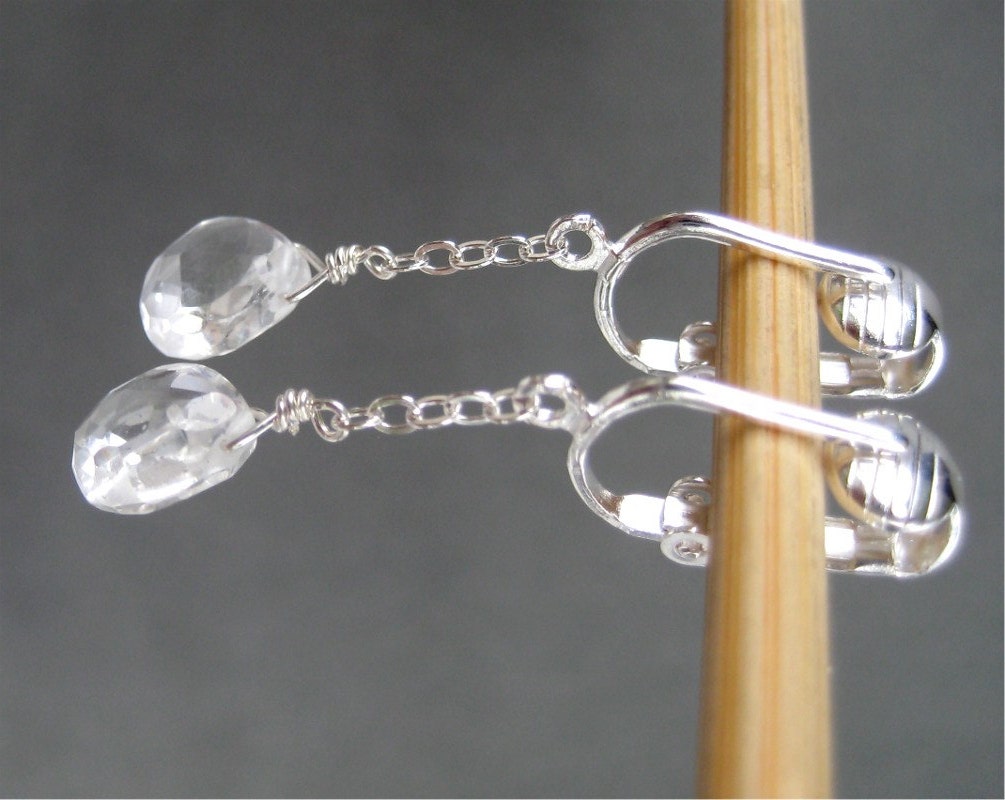 Clear Quartz Clip on Earrings Silver Dangle Clipons Clear Etsy