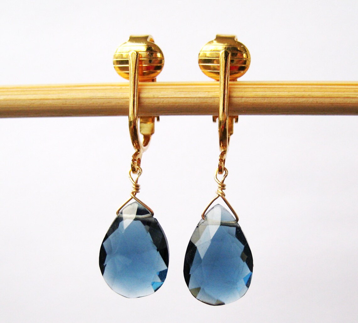 Dark Blue Stone Clip On Earrings Gold Ear Clips Faceted Etsy