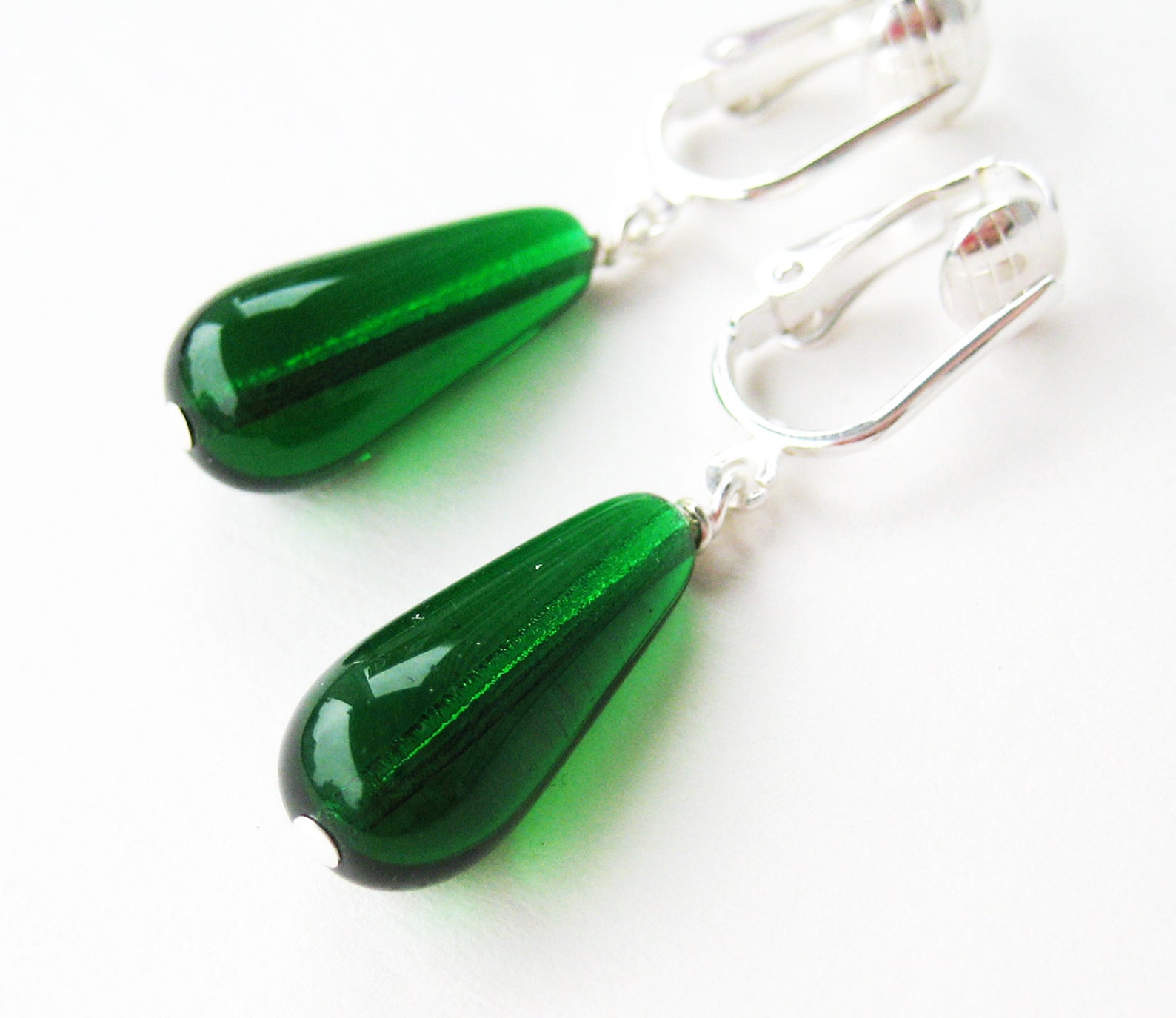 Emerald Green Drop Clip Earrings Forest Green Glass Teardrop Etsy