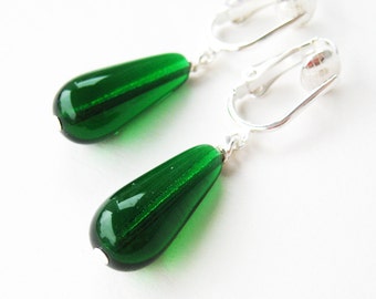 Emerald Green Drop Clip Earrings, Forest Green Glass Teardrop Clip On for Non Pierced Ears, Simple Dangle Clipons, Silver Ear Clips, Foret