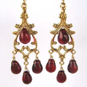 Garnet Red Chandelier Clip On Earrings, Gold Ear Clips, Dark Red Glass Drop Dangle Clipons, Burgundy Teardrops, Handmade, Delhi image 1