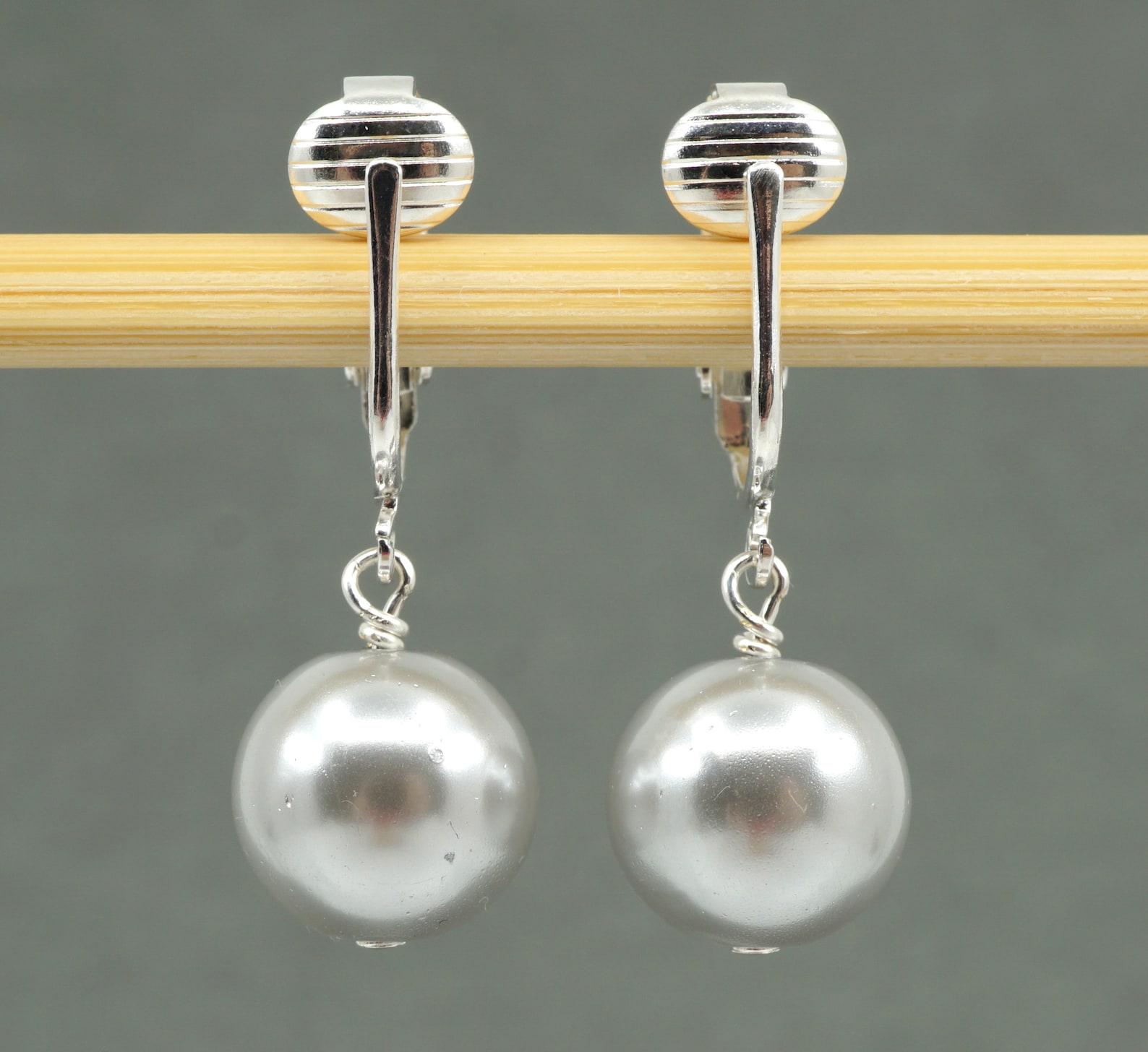 Silver Ball Clip on Earrings Round Gray Pearl Dangle Clipons Etsy