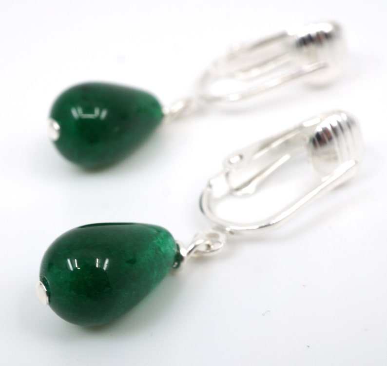 Emerald Green Jade Teardrop Clipon Earrings Silver Ear Clips Etsy