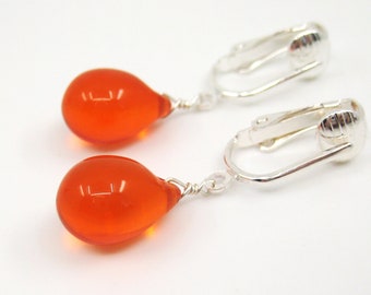 Bright Orange Drop Clip On Earrings, Halloween Earrings for Non Pierced Ears, Silver and Glass Clipons, Handmade, Tissage, Treat