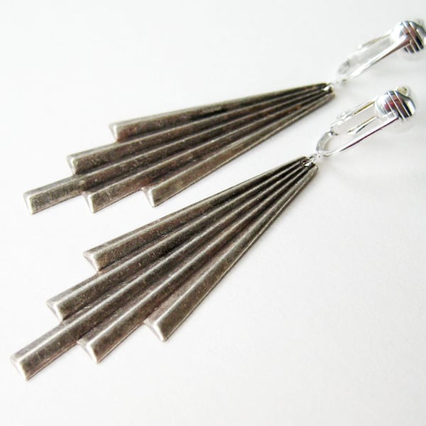 Silver Art Deco Clip on Earrings, Antiqued Silver Comet Trail Clip Ons, Long Curtain Fold, Metallic Geometric Fan Earrings