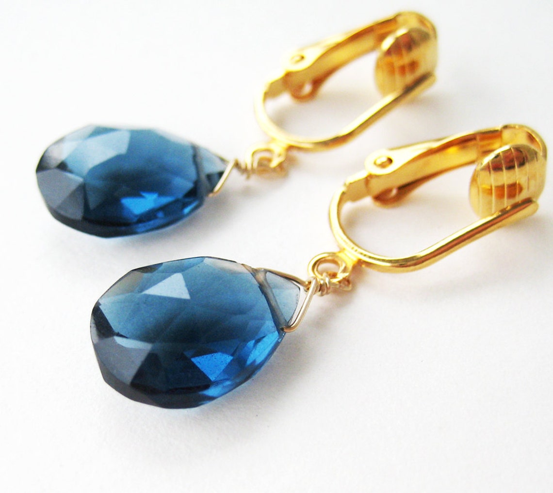 Dark Blue Stone Clip On Earrings Gold Ear Clips Faceted Etsy