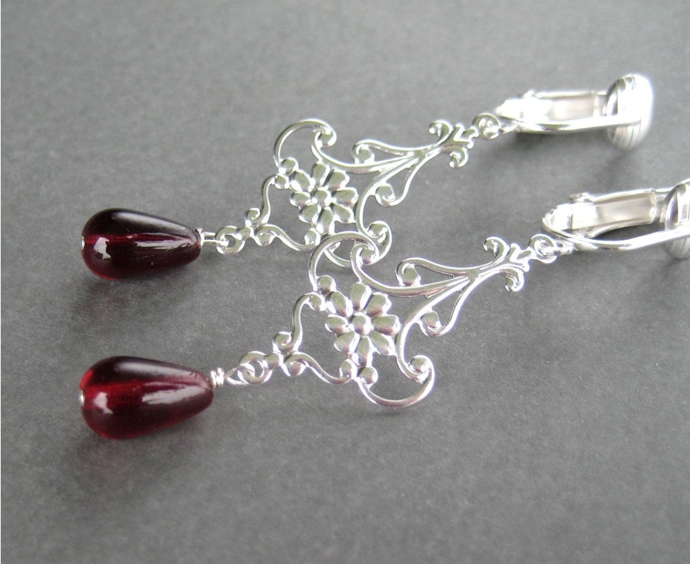 Red Teardrop Clip On Earrings: Silver Flower Burgundy Glass Drops, Maryanne