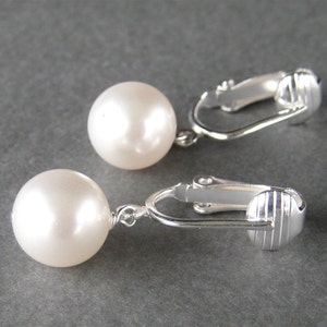 Round Pearl Clip On Earrings, Silver Ear Clips, White Pearl Wedding Clipons, 10mm Round Crystal Pearl Bridal Clip Earrings, Classic Earrings
