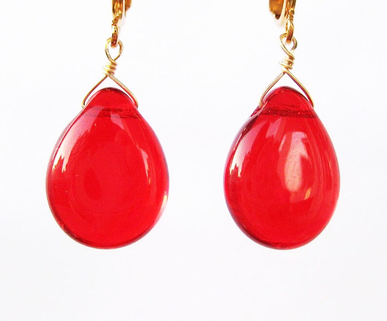 Bright Red Teardrop Clip on Earrings Cherry Red Glass Etsy