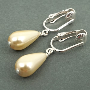 Cream Pearl Teardrop Clip-on Earrings: Silver Plated Non Pierced Earrings, Pearl Drop Cream