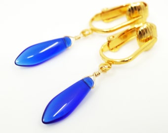 Small Navy Blue Drop Clip On Earrings, Cobalt Blue Glass Dagger Teardrop Clipons for Non Pierced Ears, Gold Ear Clips, Ice Sword Gold