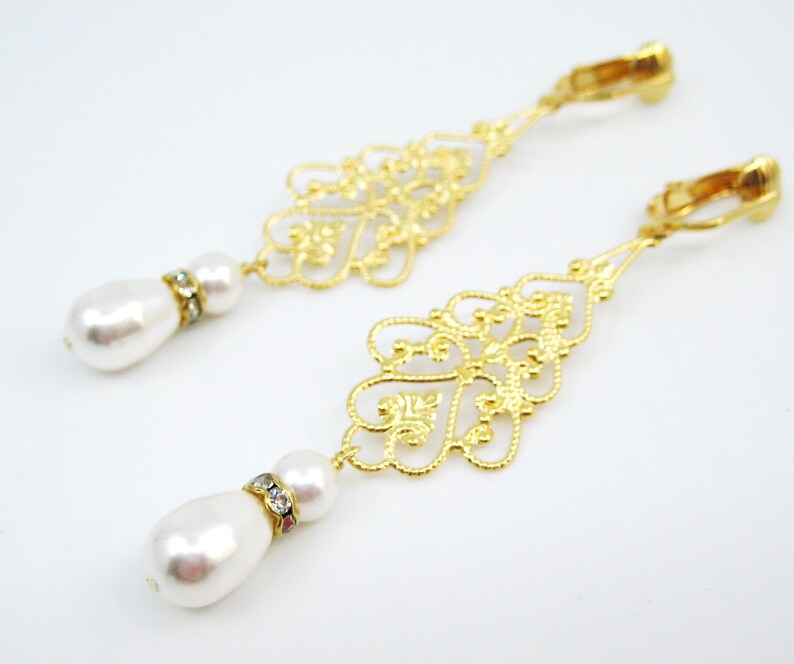 Long Dangle Gold Bridal Clip on Earrings Gold Filigree Teardrop White Crystal Pearl Rhinestone Clip Earrings For Non Pierced Ears Alana Gold