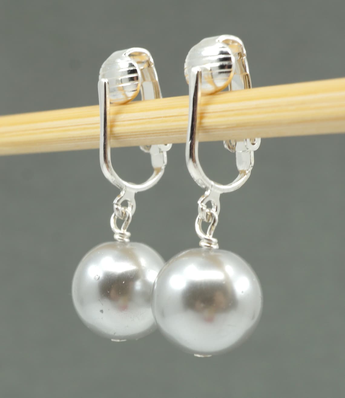 Silver Ball Clip on Earrings Round Gray Pearl Dangle Clipons Etsy
