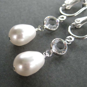 Pearl Drop Crystal Clip On Earrings, White Pearl Teardrop, Silver Ear Clips, Handmade Gift Under 25, Simply Modern