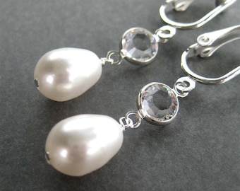 Pearl Drop Crystal Clip On Earrings, White Pearl Teardrop, Silver Ear Clips, Handmade Gift Under 25, Simply Modern