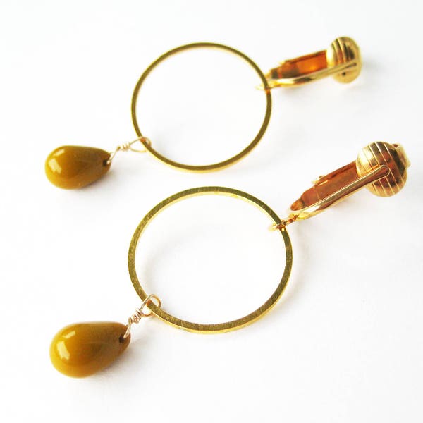 Mustard Yellow Clip-on Earrings, Gold Circle Dangle Clip Earrings, Opaque Ocher Glass Teardrop For Non Pierced Ears, Geometric, Ellen