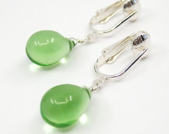 Light Green Drop Clip-on Earrings, Pale Green Glass Teardrop Earrings for Non Pierced Ears, Simple Silver Clipons, Handmade, Apple