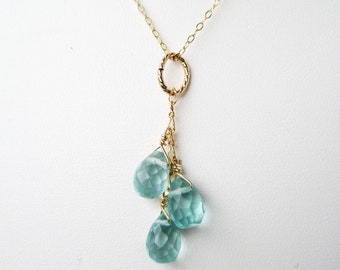 Light Blue Pendant, Aqua Glass Faceted Teardrop Cluster, Gold Pendant, Handmade, Neptune's Tears