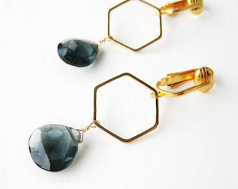 Gold and Dark Blue Clip-on Earrings, Gold Hexagon Modern Clipons, Navy Blue Faceted Teardrop Dangle Clip Non Pierced Earrings, Juno