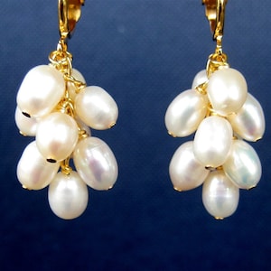 Freshwater Pearl Cluster Clip On Earrings, Bridal Gold Clipons, Frances