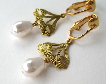 Art Nouveau Pearl Clip-on Earrings, White Pearl Teardrop Clip Earrings, Golden Leaves Dangle, Gold Ear Clips Bridal Clipons Rossetti's Bride