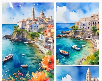 Apulië, Italië | Kustlijncollectie | Wandkunstprintset, 3-delig | Waterverf | Reizen kunst