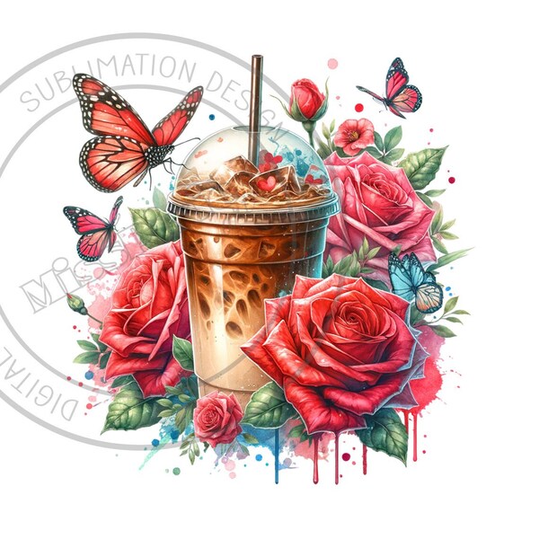 Floral Roses coffee clipart, Cute Cafe Coffee PNG Design, Watercolor Roses Coffee Lover Clip Art, Spring Floral, Glass Jar Digital Art