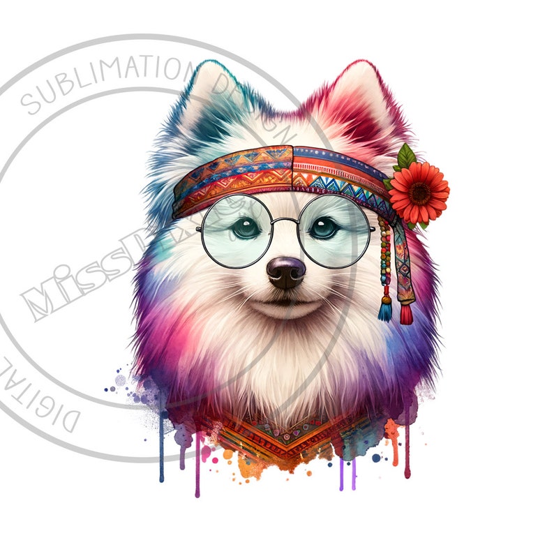 Hippie American Eskimo Dog Clipart, Hippie Dog PNG Design, Watercolor ...