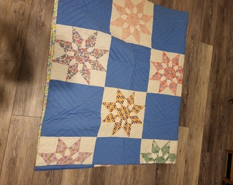 Vintage Blau/Weiß Blumen Patchwork Quilt