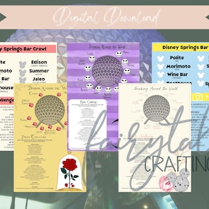 Könnte beinhalten: Ein Satz druckbarer Disney Springs Bar Crawl Spielkarten. Die Karten haben ein lila, gelbes und weißes Farbschema mit einer Foto-Herausforderung, einem Trinken um die Welt und einer Bar-Crawl-Liste. Die Karten zeigen ein Foto der Spaceship Earth in Epcot.