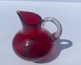 Ruby Red Art Glass Jug With Clear Ribbed Handle