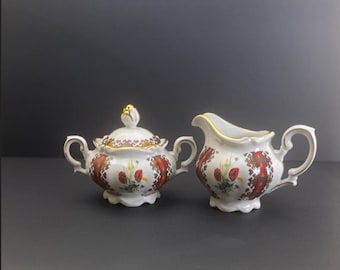 Kronester Ukrainian Folk Art Decorated Creamer and Covered Sugar, Made in Bavaria, Germany KRO37