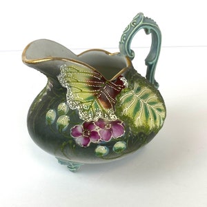 Hand Painted Green Footed Creamer with Flowers, Leaves and a Butterfly Detail