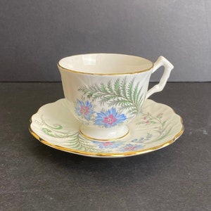 Aynsley Crocus Shaped Bone China Teacup and Saucer Cornflowers/Wild Flowers, Made in England