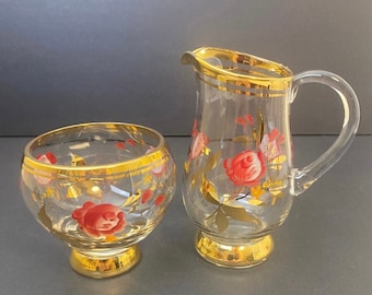 Painted Pink Flowers on Clear Glass with Gold Trim Creamer and Open Sugar, Made in Romania