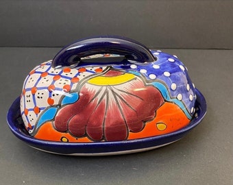 Mexican Talavera Style Covered Butter Dish, Made in Mexico
