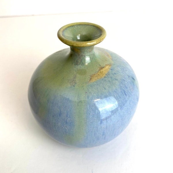 Handmade Studio Art Pottery Blue & Green Bud Vase, Artist Signed 3.5”