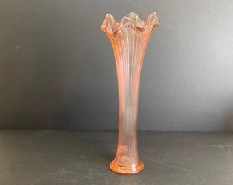 12.5” Fenton Fine Rib 6 Point Pink Glass Swung Vase