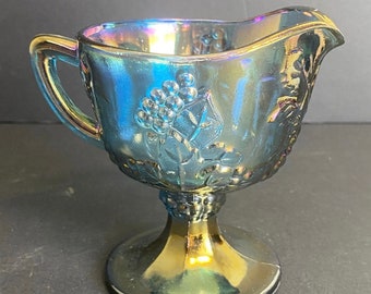 Indiana Glass-Harvest Grape, Iridescent Blue Carnival Glass Footed Creamer