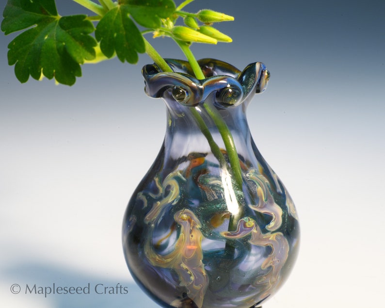 Hand Blown Lampwork Glass Bud Vase, Blue Wisps image 2