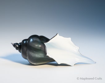 Blown Glass Sea Shell, “Teal Clouds”, Hand Blown Glass Seashell Sculpture